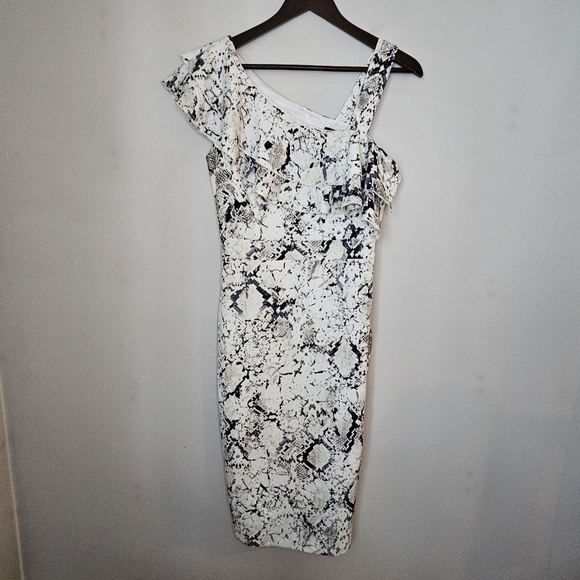 Rachel Roy Midi Dress Elegant Black White Snake Print Cocktail Neutral Ruffle - Picture 1 of 15